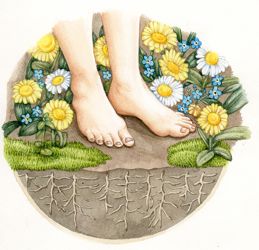 Whimsical illustration of feet and flowrs on soil